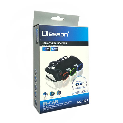 Авто-Трійник Olesson № 1633 3гнізда+1USB 120W/3