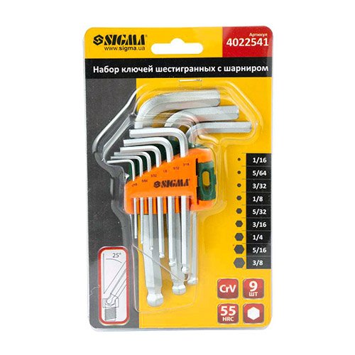 Набір ключів шестигранних Sigma CrV 9шт 1/16-3/8" (короткі) 4022541