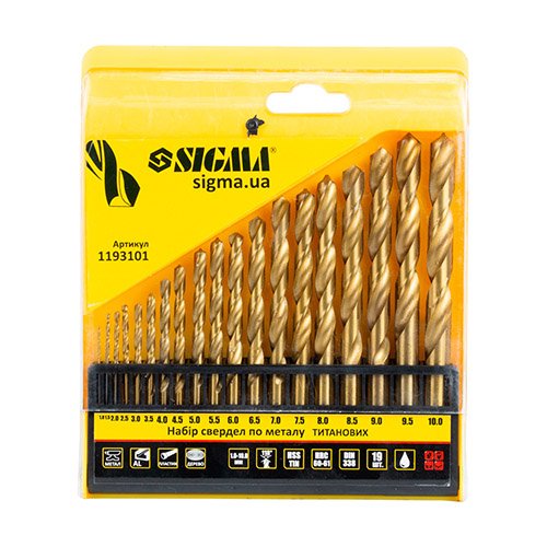 Набір свердел по металу Sigma HSS-TIN титанових 19шт Ø1.0-10.0мм (пласт кейс) 1193101