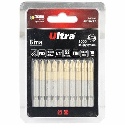 Біти Ultra PH2×50мм ¼" 10шт S2 TIN (блістер) (4014212)