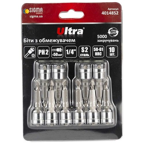 Біти Ultra з обмежувачем PH2×50мм ¼" 10шт S2 (блістер) (4014852)