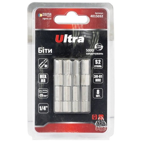 Біти Ultra HEX 8×25мм ¼" 8шт S2 (блістер)  (4015032)