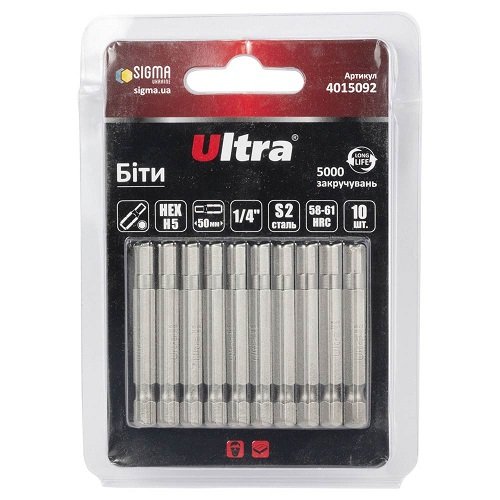Біти Ultra HEX 5×50мм ¼" 10шт S2 (блістер)  (4015092)