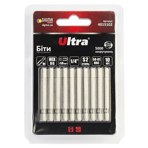 Біти Ultra HEX 6×50мм ¼" 10шт S2 (блістер)  (4015102)