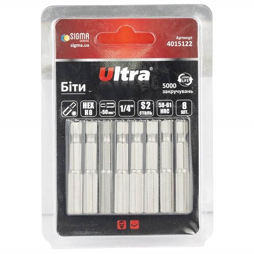 Біти Ultra HEX 8×50мм ¼" 8шт S2 (блістер)  (4015122)