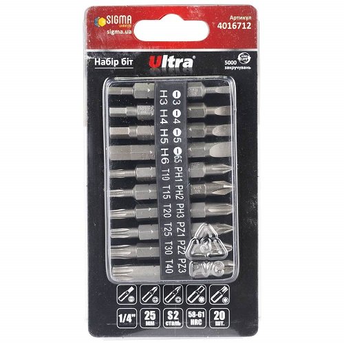 Набір біт Ultra 25мм ¼" з тримачем 20шт S2 (блістер)  (4016712)