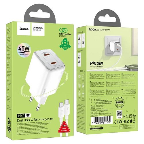 МЗП HOCO N42 PD45W (2Type-C) + кабель Type-C - Type-C