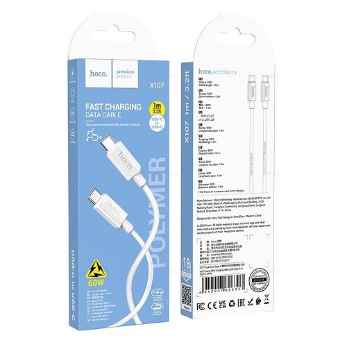 Кабель Type-C to Type-C HOCO X107 1м 3.0А 60W (TPE)