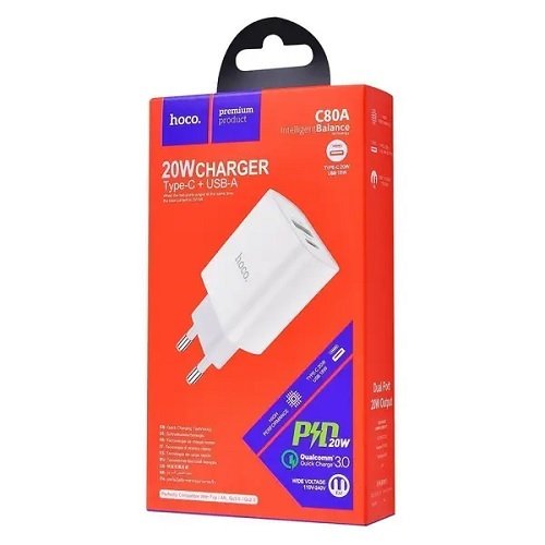 МЗП HOCO C80A PD 20W+QC3.0 (1USB/1Type-C/3.1A) без кабелю