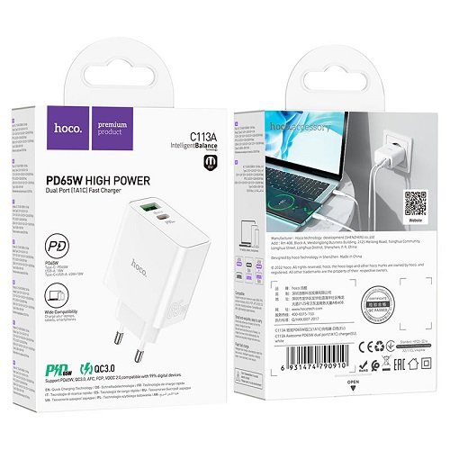 МЗП HOCO C113A PD65W+ QC3.0 (1USB/1Type-C) без кабелю
