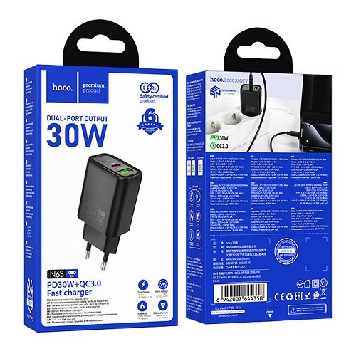 МЗП HOCO N63 PD30W+ QC3.0 (1USB/1Type-C) без кабелю