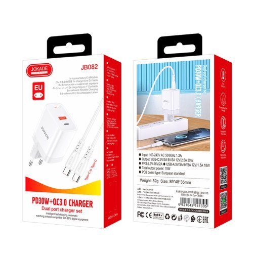 МЗП JOKADE JB082 (USB/USB-C/30W/QC3.0) + кабель Type-C to Type-C