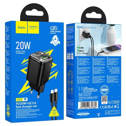 МЗП HOCO N52 PD 20W+ QC3.0 (1USB/1Type-C/3A) + кабель Type-c - Lightning