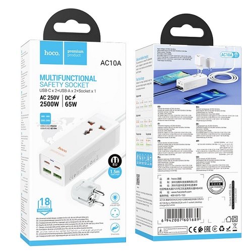 Мережевий фільтр HOCO AC10A PD65W (2USB/2Type-C/1xSocket) 1