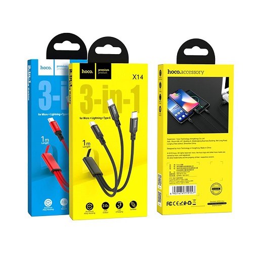 Кабель 3 в 1 HOCO X14 (Lighting+MicroUSB+Tipe C) 1 м