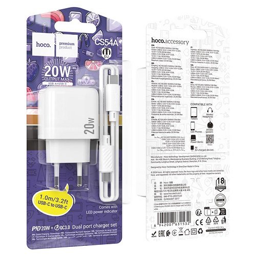 МЗП HOCO CS54A PD20W+ QC3.0 (1USB/1Type-C) + Type-C - Type-C