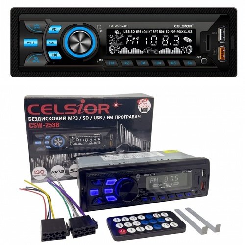 Автомагнітола Celsior CSW-253B 1DIN/MP3/SD/USB/BL/FM/синє підсвічування/фіксована панель/4*40вт