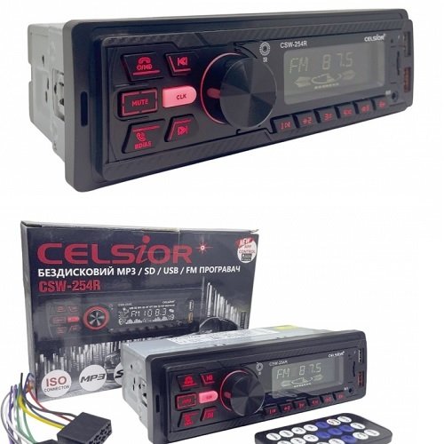 Автомагнітола Celsior CSW-254R  1DIN/MP3/SD/2*USB/BL/FM/червоне підсвічування/фіксована панель/4*50вт