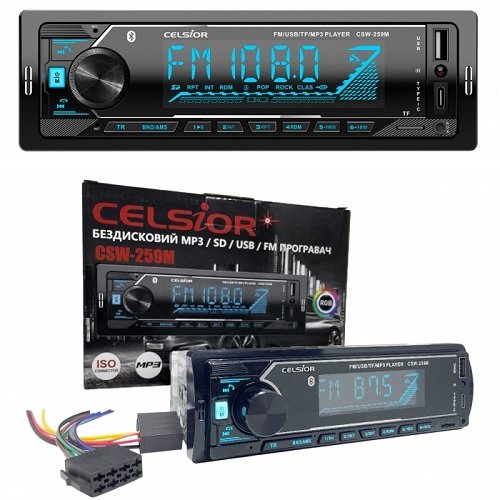 Автомагнітола Celsior CSW-259M 1DIN/MP3/SD/USB/BL/FM/RGB підсвічування/фіксована панель/пульт/4*45вт