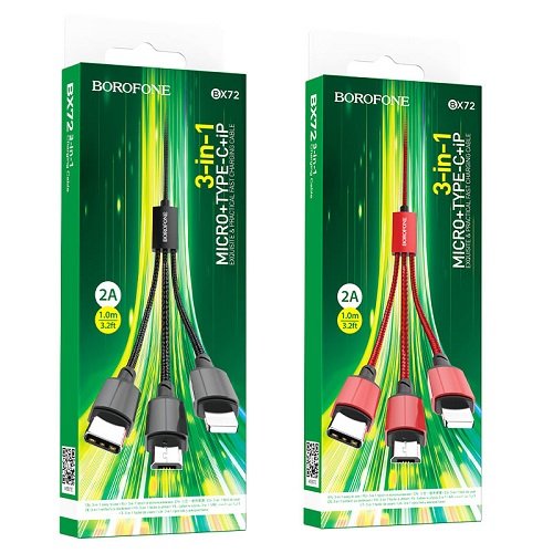 Кабель 3 в 1 BOROFONE BX72 (Lighting+MicroUSB+Tipe C) 1 м / 2.4 A