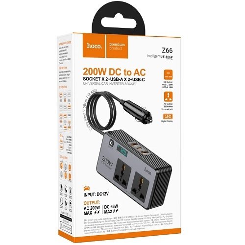 АЗП HOCO Z66 DC to AC PD66W (2USB/1Type-C/2xSocket/12V/AC200W)