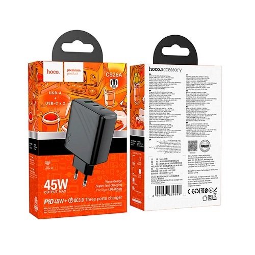 МЗП HOCO CS26A PD45W+ QC3.0 (1USB/2Type-C/3A) без кабелю