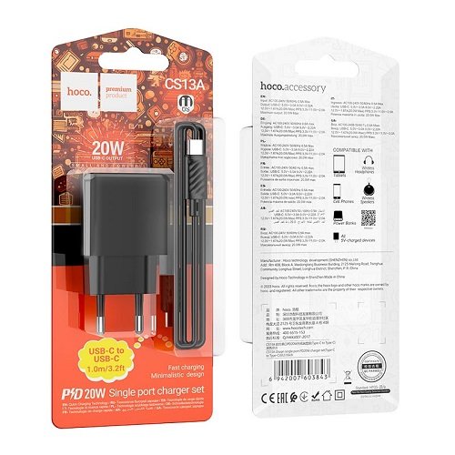 МЗП HOCO CS13A PD20W (1Type-C) + кабель Type-C to Type-C