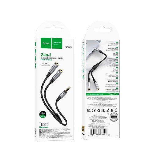 Кабель 2 в 1 HOCO UPA21 (Jack 3.5 plug - Jack 3.5 + Jack 3.5) 0.25m 5А