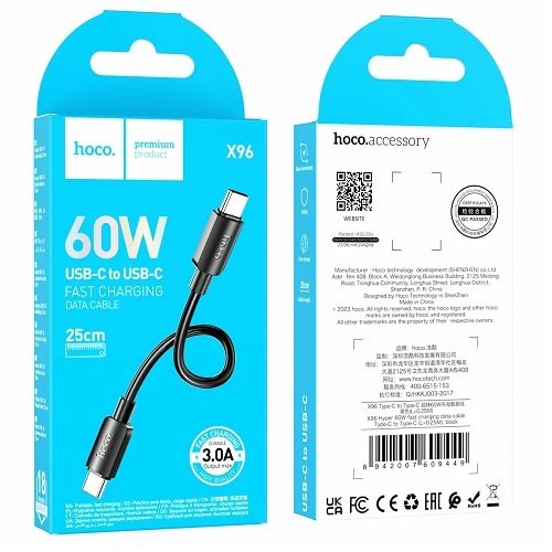Кабель Type-C to Type-C HOCO X 96 0.25м 3.0А 60W (TPE)